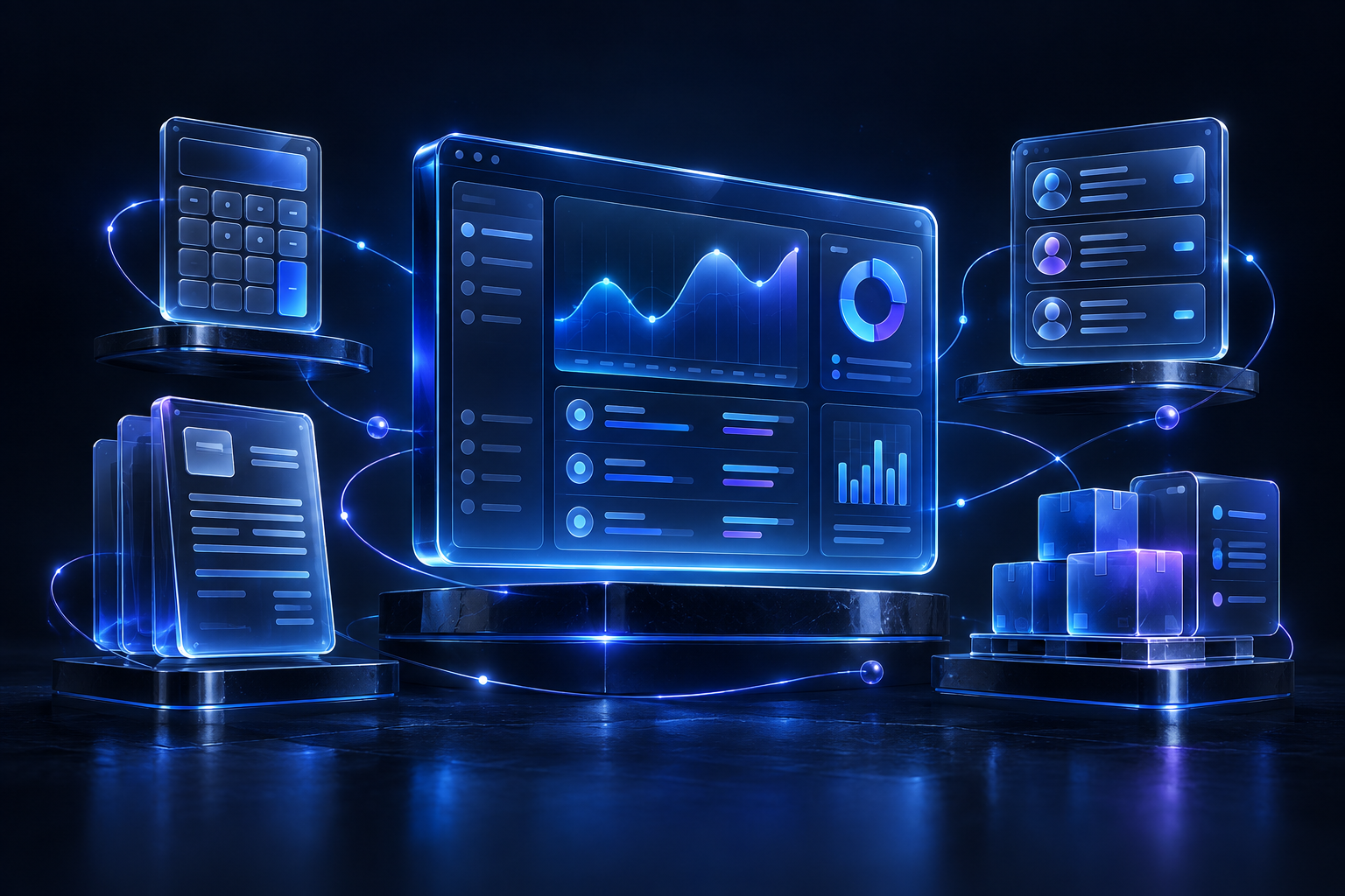Immersive blue glass illustration connecting a business dashboard, calculator, customer records, documents, and inventory
