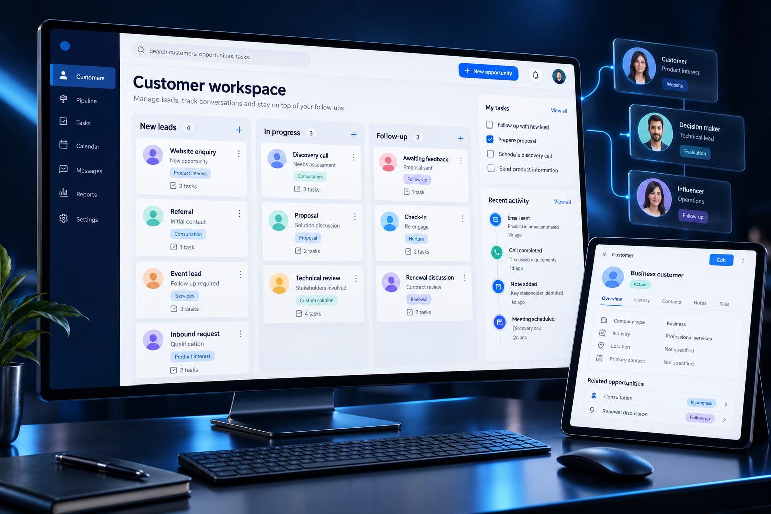 Concept CRM workspace showing sales pipeline cards, follow-up tasks, recent activity, and a customer record