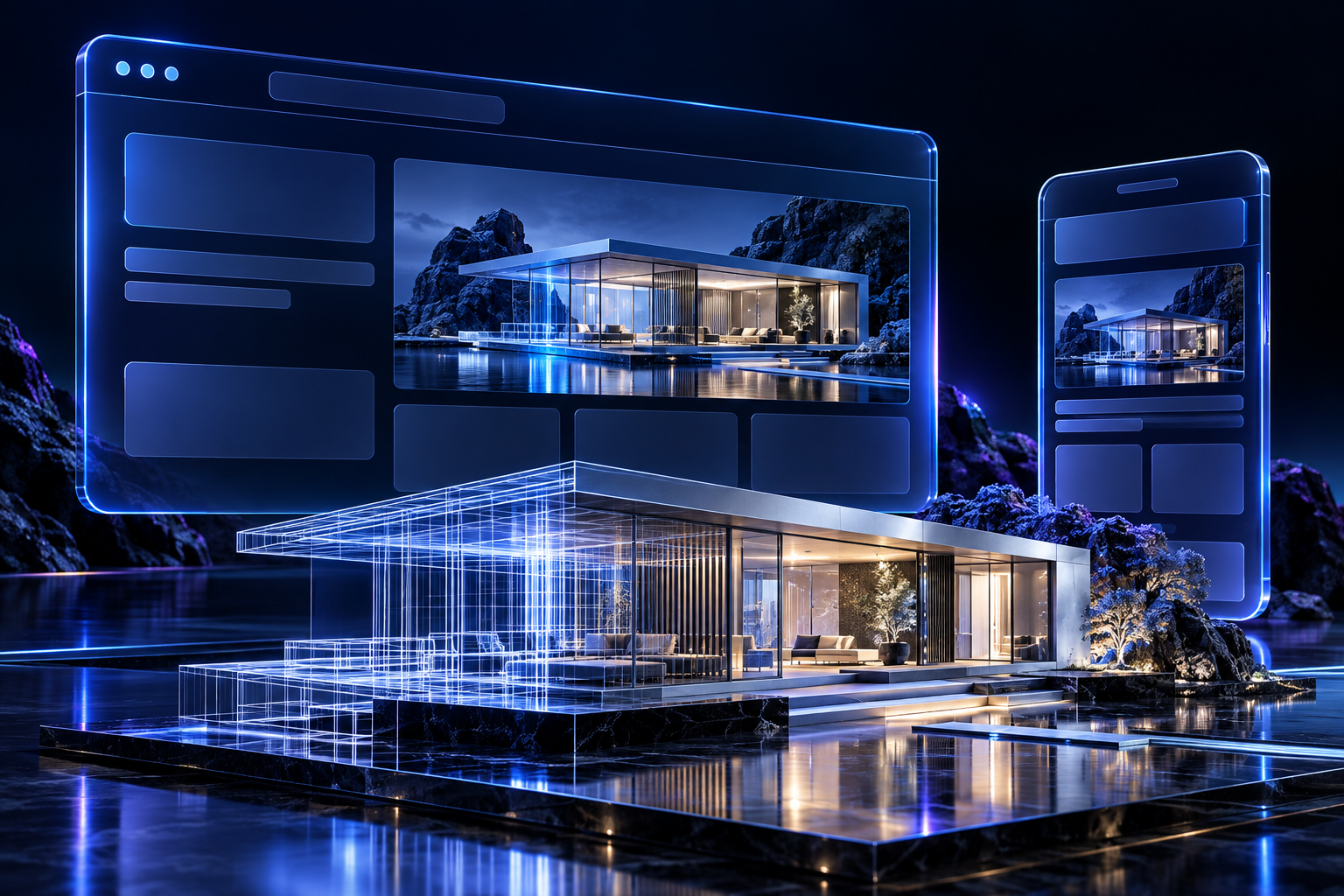 Blue glass website and mobile layouts surrounding an architectural model that transitions from wireframe to rendered glass