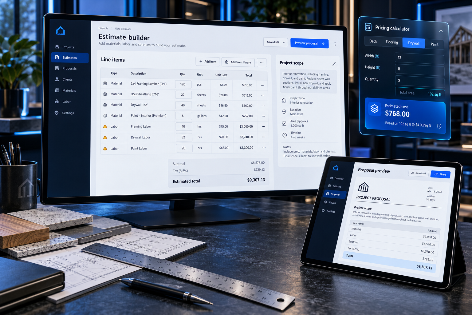 Concept estimating application with materials and labor line items, a pricing calculator, and a proposal preview