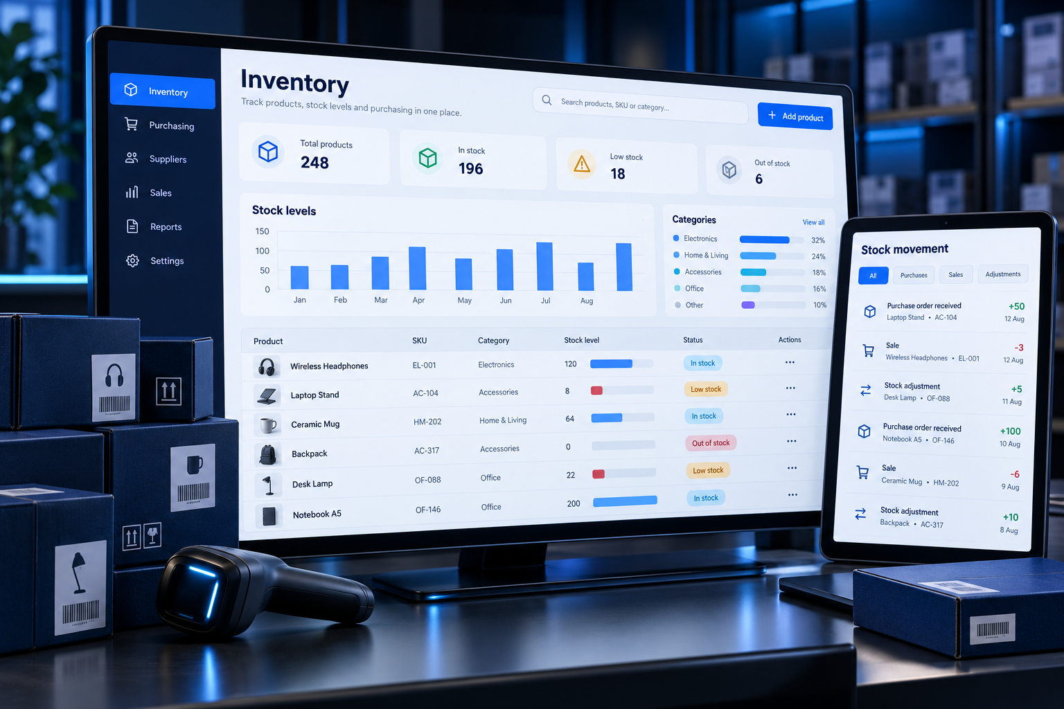 Concept inventory dashboard with stock levels, product listings, stock movement, packages, and a barcode scanner