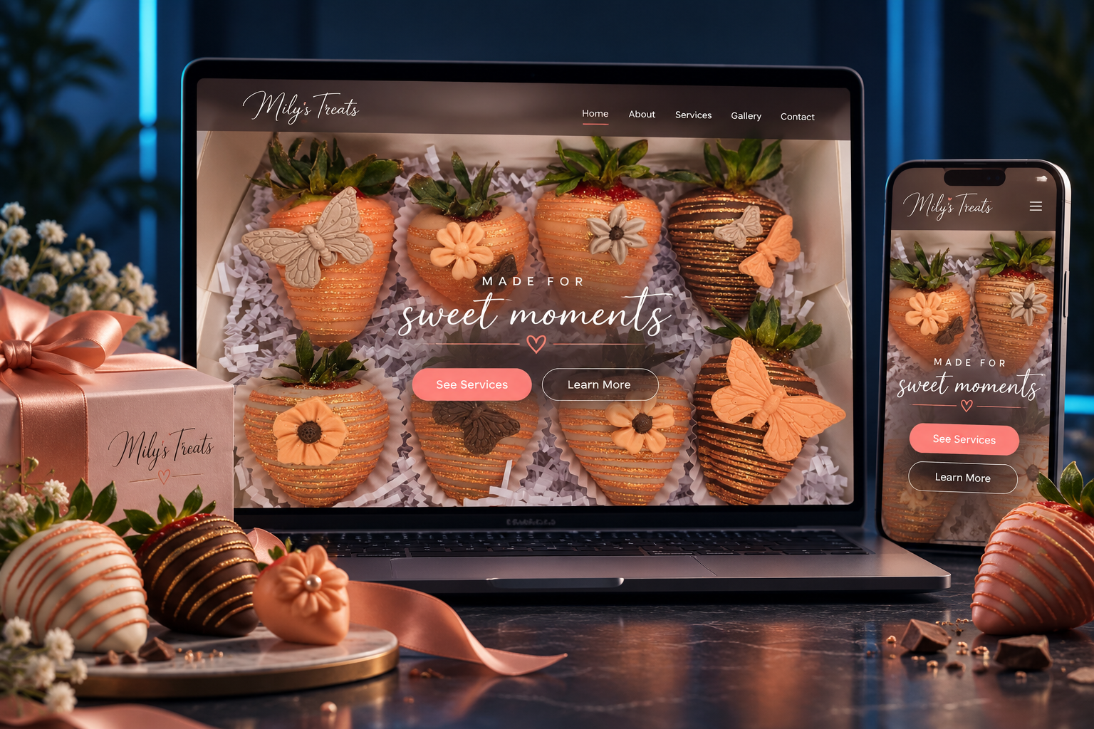 Immersive desktop and mobile website concept for Mily’s Treats with decorated strawberries and gift packaging