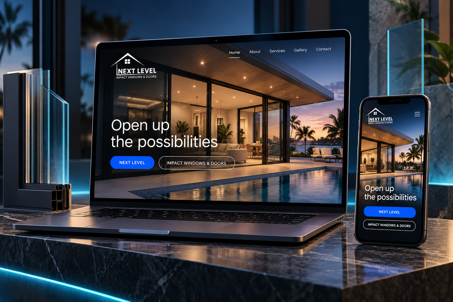Immersive desktop and mobile website concept for Next Level Impact Windows and Doors, presented alongside architectural glazing